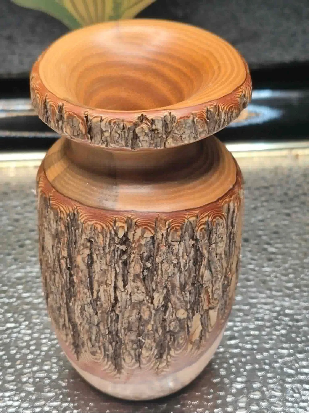 Vintage Mini Hand Turned Yew Wood Vase with Bark GEORGE LOONEY Rustic Decor